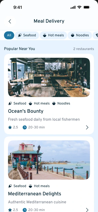 Meal delivery screen